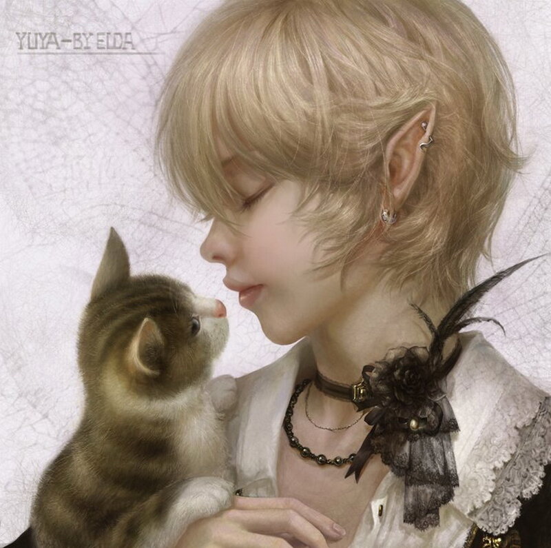 Blonde Elf Holding Kitten