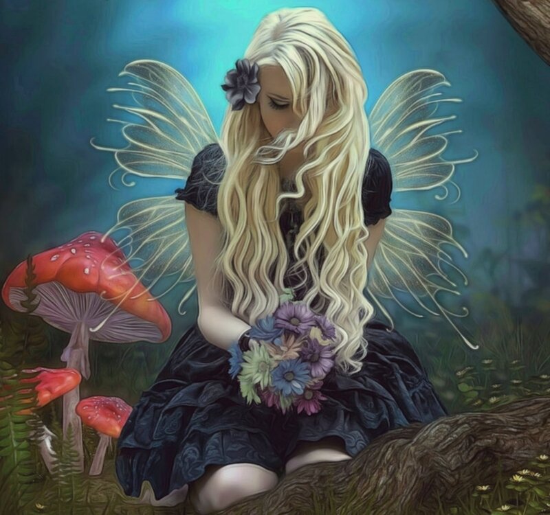 Blonde Fairy with Flowers — Blue