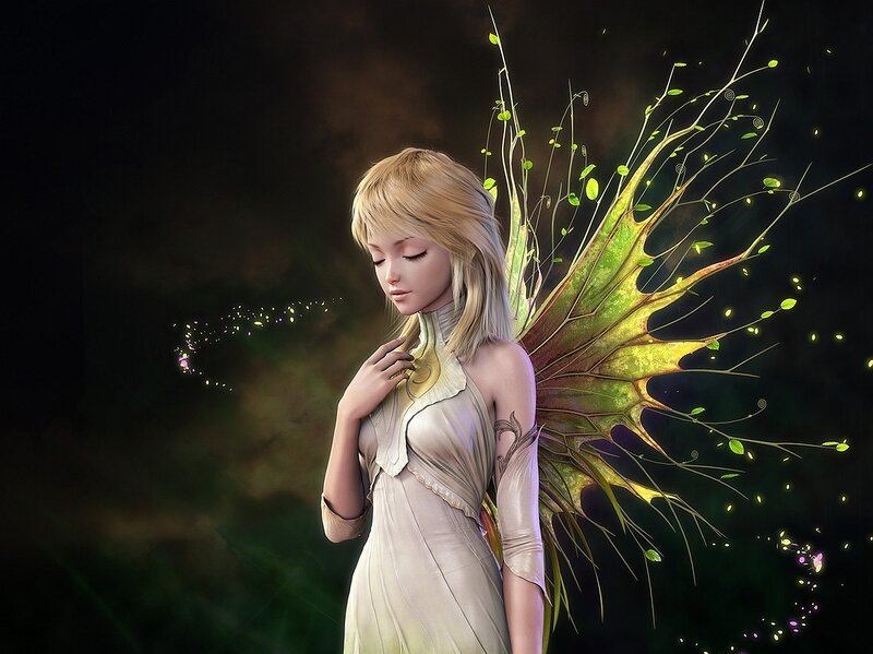 Blonde Fairy with Leaf Wings — Green