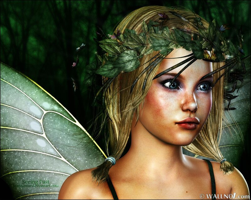 Blonde Fairy with Wings — Green, Serene, Night, Digital Art