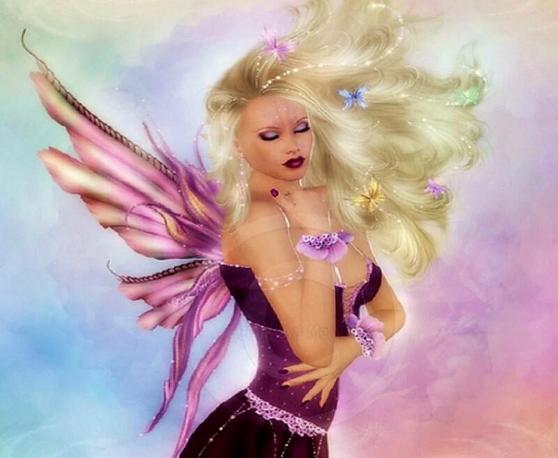 Blonde Fairy with Wings — Purple, Dreamy, Digital Art