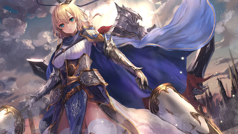 Blonde Female Knight — Blue, Dramatic, Sunset, Digital Art