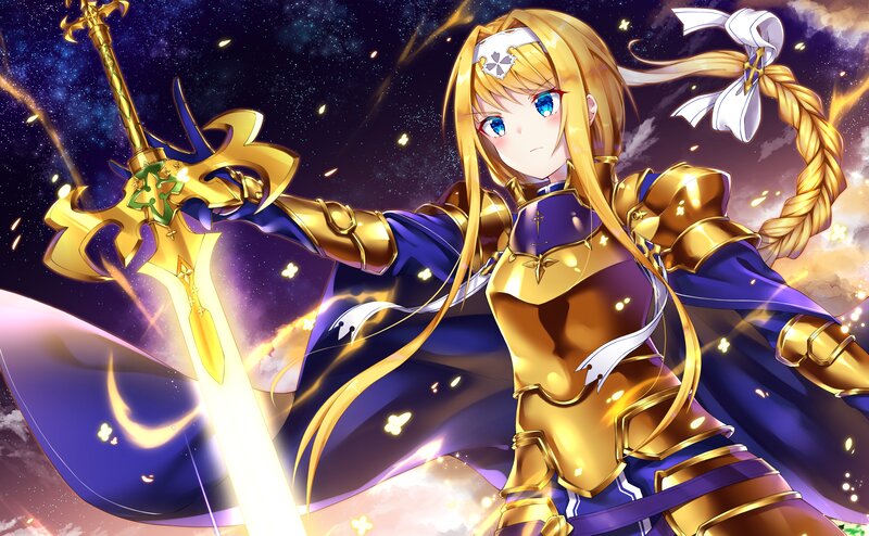 Blonde Female Knight — Gold, Dramatic, Night, Anime, Sword