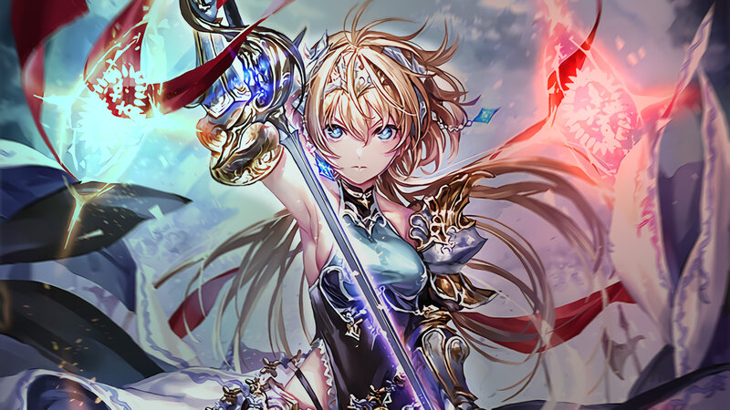 Blonde Female Warrior — Blue, Dramatic, Anime, Sword, Flag