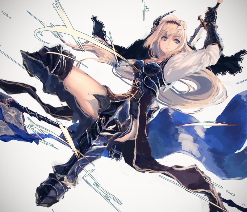 Blonde Female Warrior — Blue, Dynamic, Digital Art, Sword, Armor