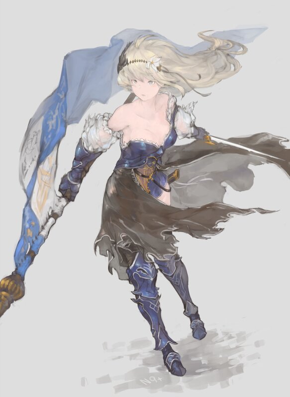 Blonde Female Warrior — Blue, Dynamic, Digital Art, Sword, Shield
