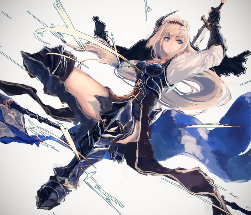Blonde Female Warrior — Blue, Dynamic, Digital Art, Sword