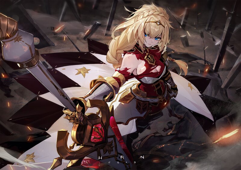 Blonde Female Warrior — Red, Dramatic, Digital Art, Sword