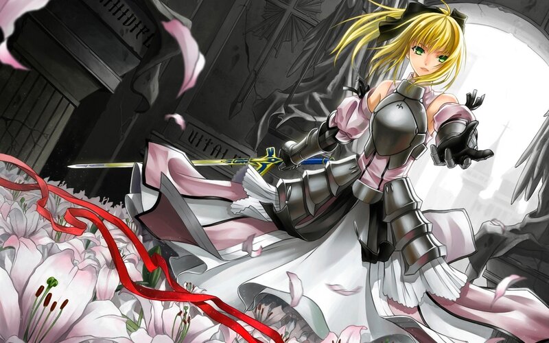 Blonde Female Warrior — White, Dramatic, Anime, Sword, Flowers