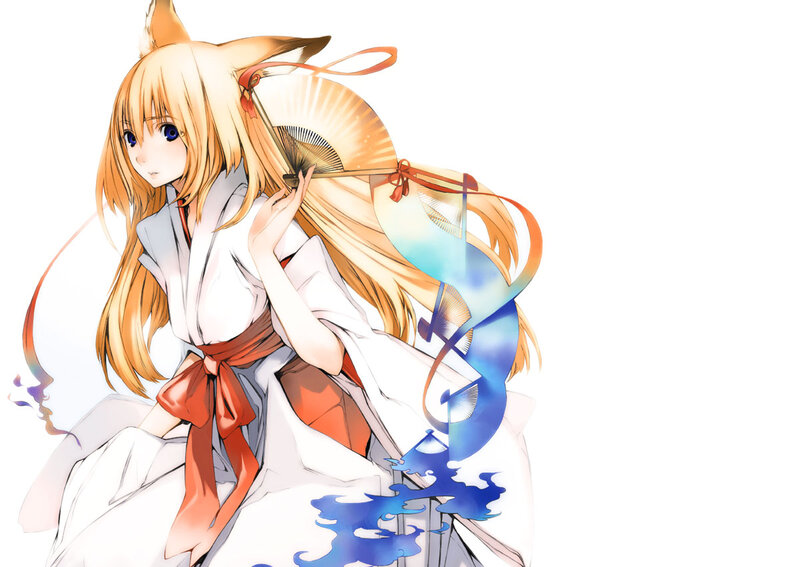 Blonde Fox-eared Girl — White, Calm, Anime, Fan, Kimono