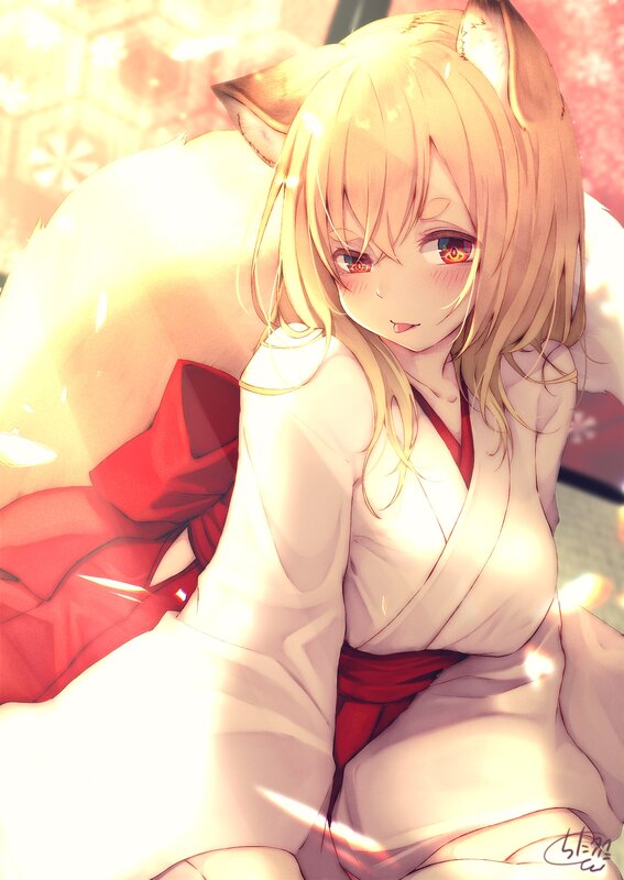 Blonde Fox-eared Girl — White, Serene, Anime, Red Bow