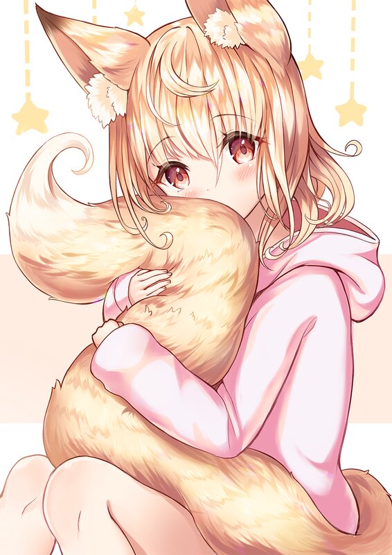 Blonde Fox Girl Hugging Tail