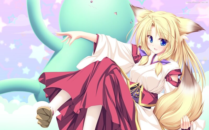 blonde fox girl with green creature
