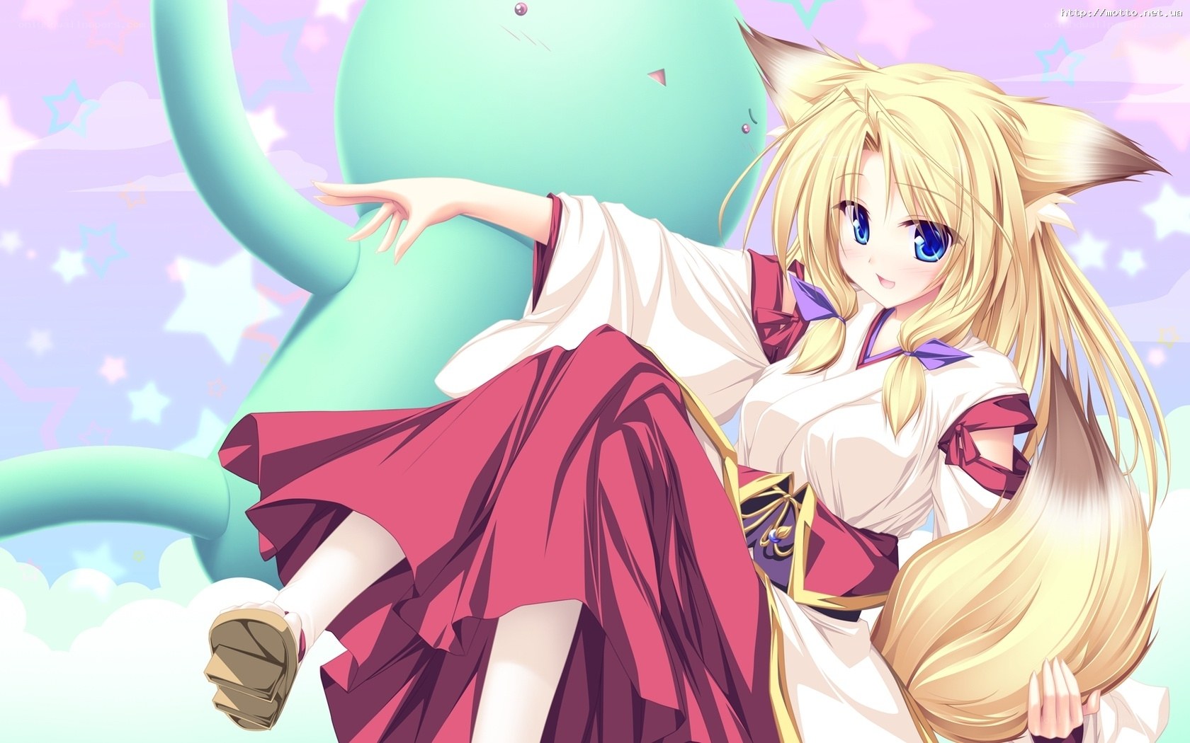 blonde fox girl with green creature