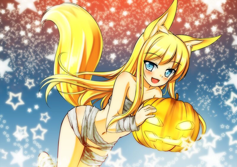 Blonde Fox Girl with Pumpkin