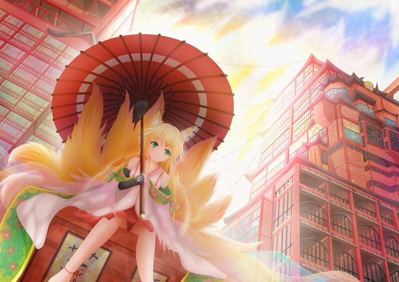 Blonde Fox-girl with Umbrella
