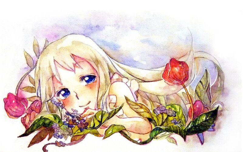 blonde girl among flowers