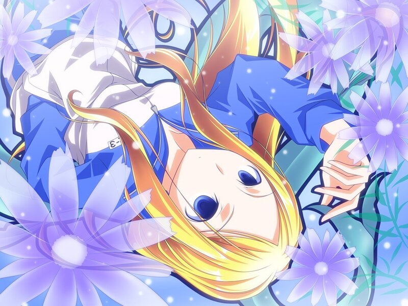 blonde girl among purple flowers