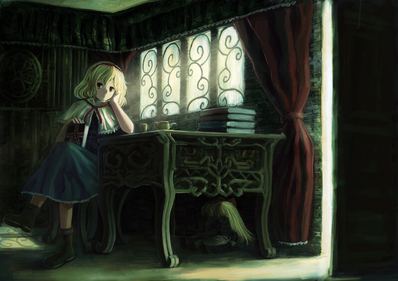 Blonde Girl at Desk — Green