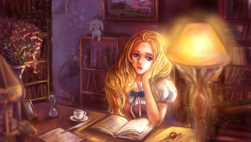 Blonde Girl at Desk — Purple