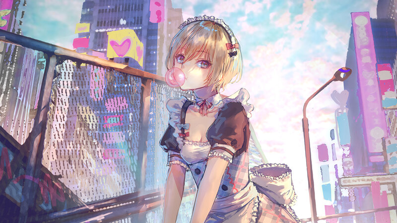 Blonde Girl Blowing Bubblegum