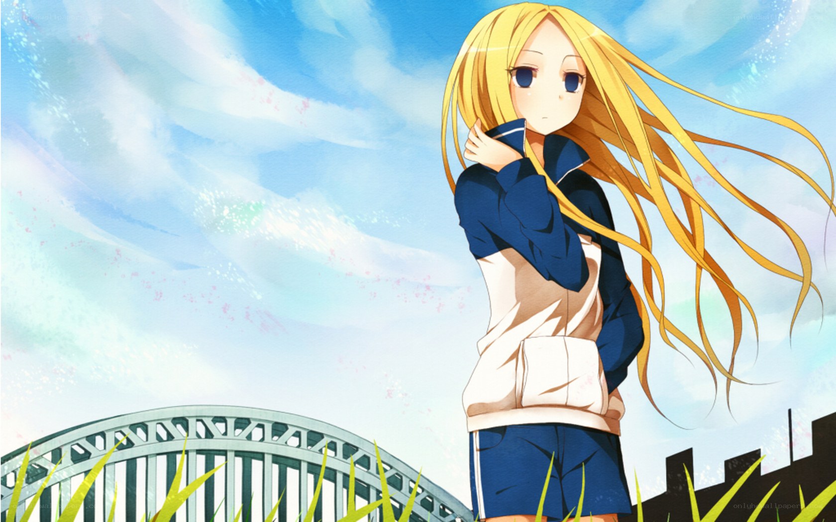 blonde girl by the bridge