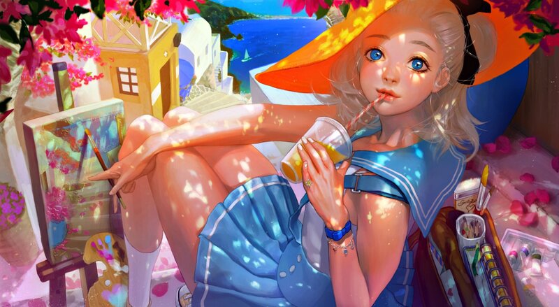 Blonde Girl Drinking Juice — Blue