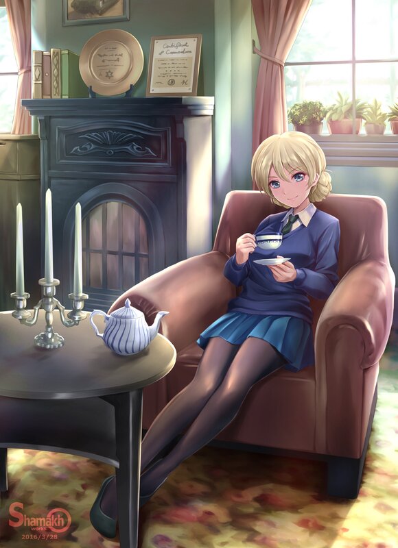 Blonde Girl Drinking Tea — Blue, Serene