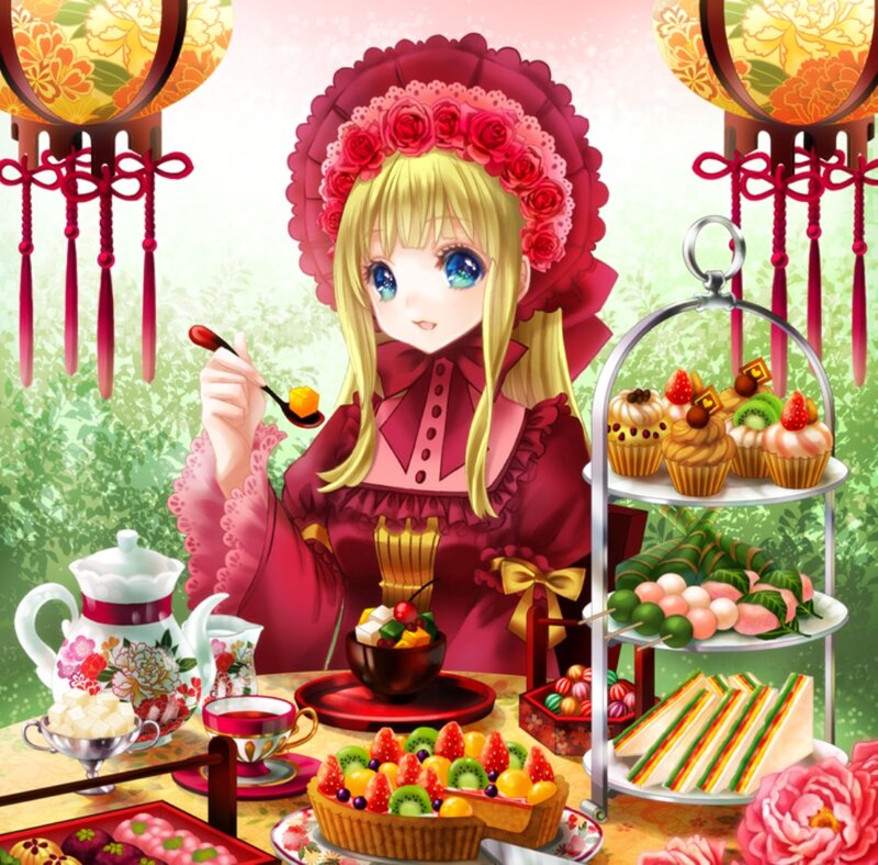 Blonde Girl Eating Dessert — Red