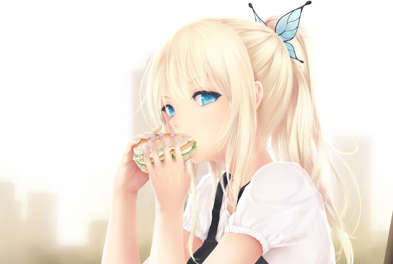 Blonde Girl Eating Sandwich — White, Calm, Afternoon