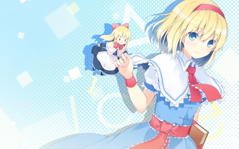 Blonde Girl Holding Doll — Blue, Cheerful, Anime