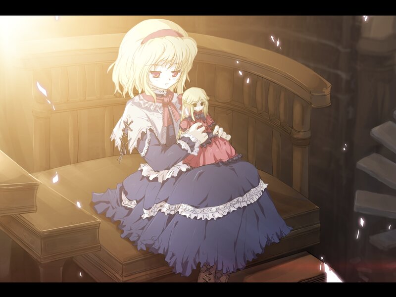 Blonde Girl Holding Doll — Purple