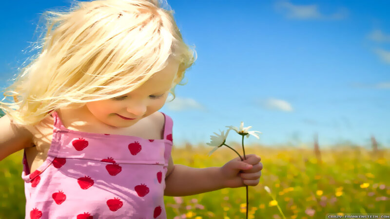 Blonde Girl Holding Flower — Blue
