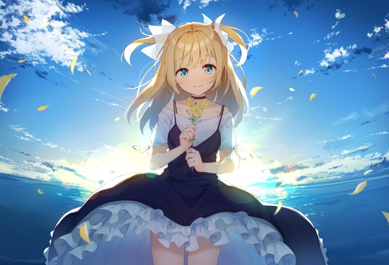 Blonde Girl Holding Flowers — Blue, Serene, Sunset, Anime
