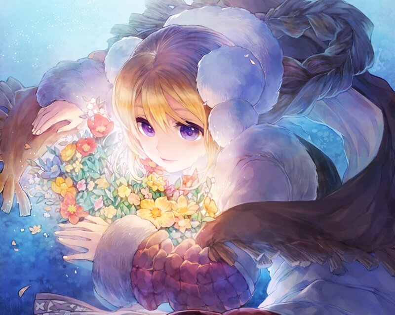 Blonde Girl Holding Flowers — Blue
