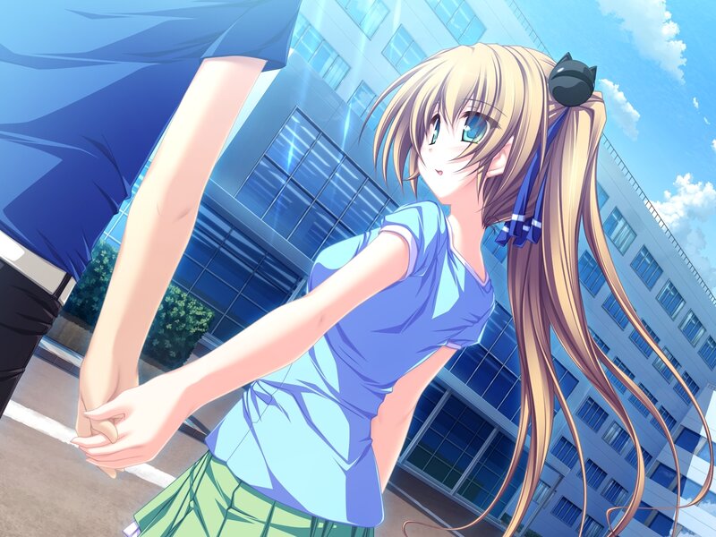 Blonde Girl Holding Hand — Blue