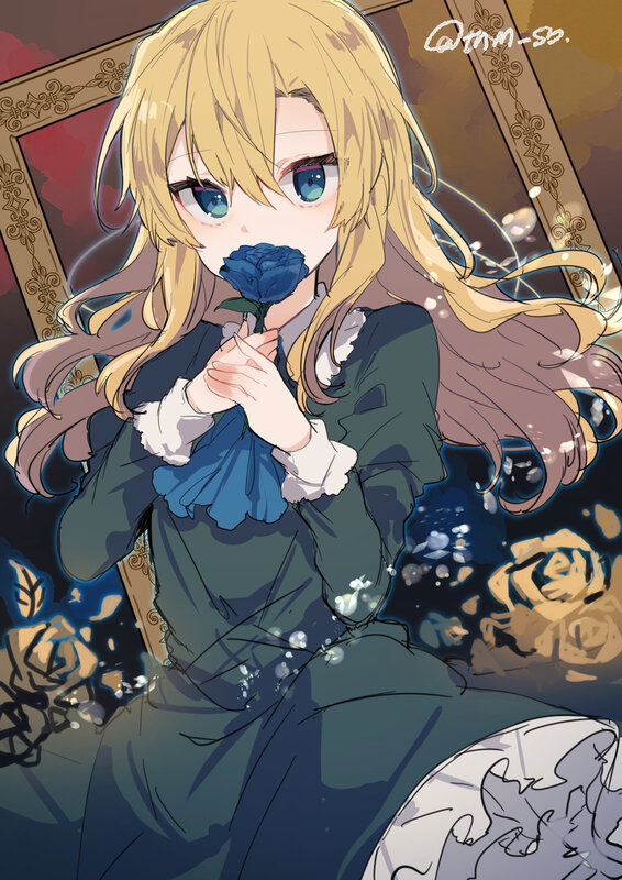 Blonde Girl Holding Rose — Blue