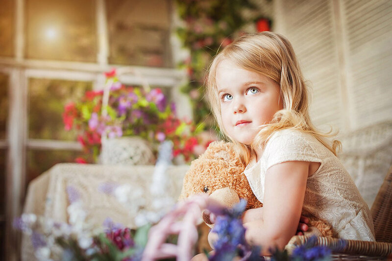 Blonde Girl Holding Teddy Bear — Beige