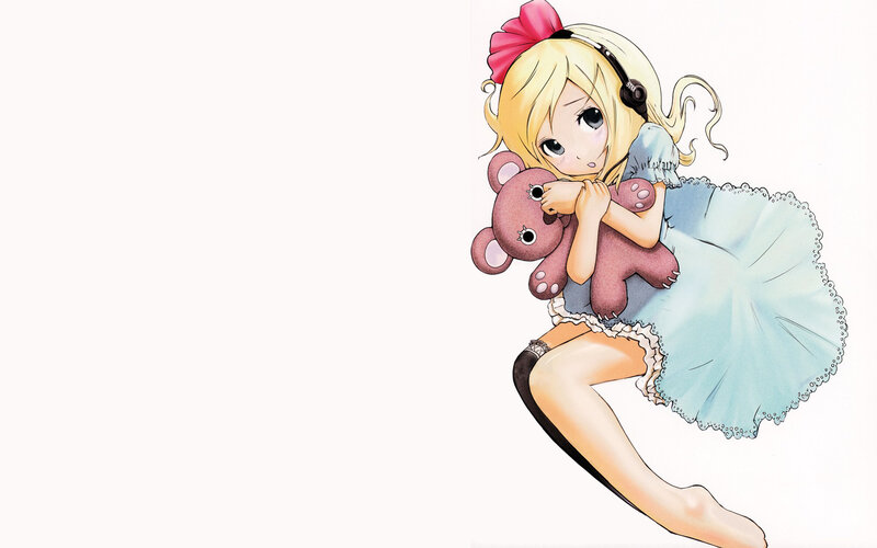 Blonde Girl Holding Teddy Bear — Blue, Calm, Manga
