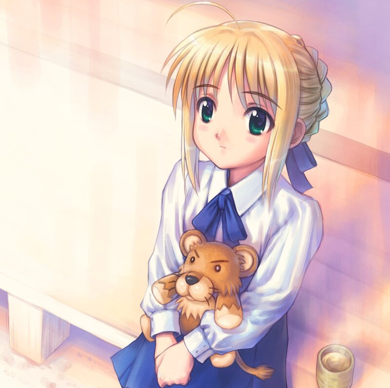 Blonde Girl Holding Teddy Bear — Blue