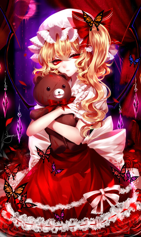 Blonde Girl Holding Teddy Bear — Red, Dramatic