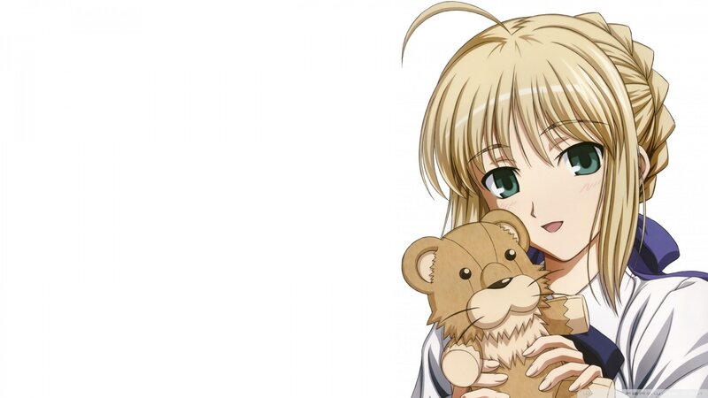 Blonde Girl Holding Teddy Bear — White, Calm, Anime, Teddy Bear, White Background