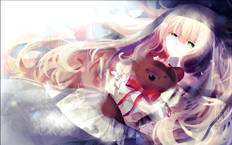Blonde Girl Holding Teddy Bear — White, Dreamy