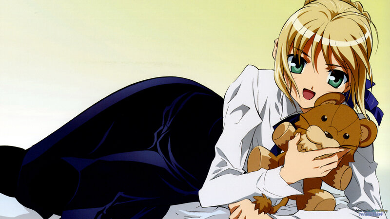 Blonde Girl Holding Teddy Bear — Yellow, Calm, Anime