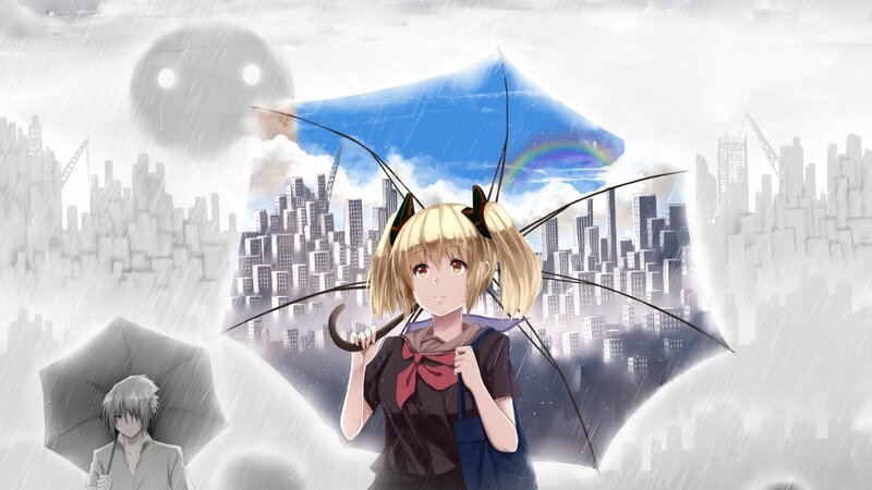 Blonde Girl Holding Umbrella — Blue