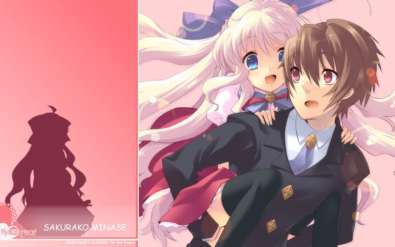 Blonde Girl Hugging Boy — Pink, Playful, Anime, School Uniform