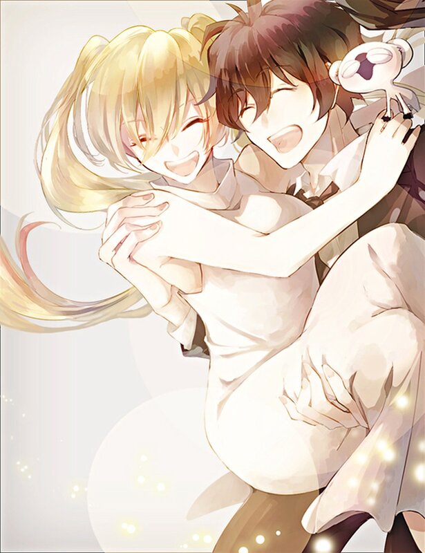 Blonde Girl Hugging Boy — White, Happy