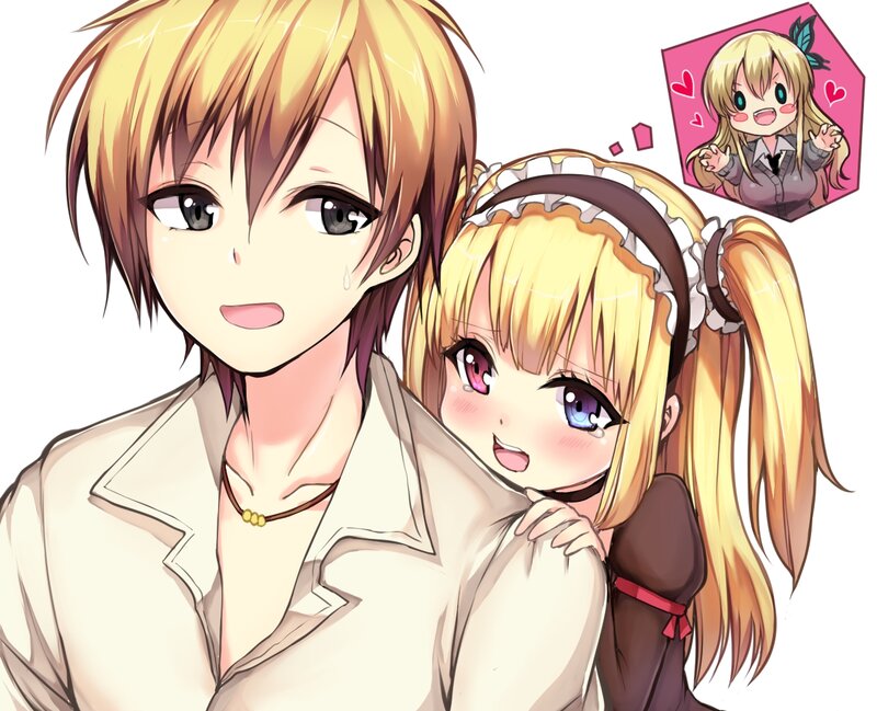 Blonde Girl Hugging Boy — Yellow, Affectionate, Anime, Chibi Version