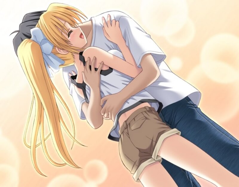 Blonde Girl Hugging Boy — Yellow, Affectionate, Anime