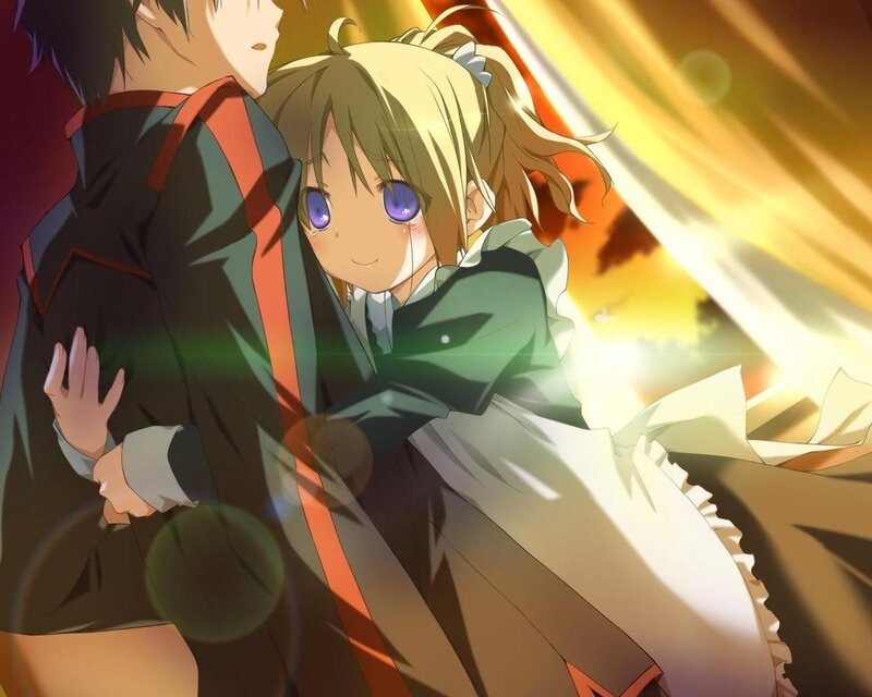 Blonde Girl Hugging Boy — Yellow, Dramatic, Sunset